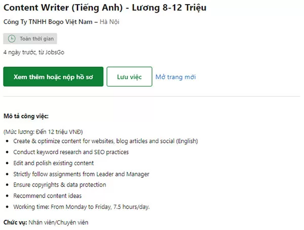 Ví dụ về mô tả công việc của vị trí English Content Writer