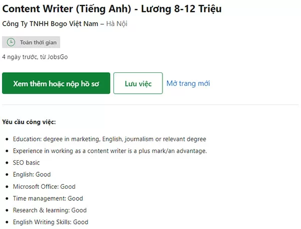 Ví dụ về yêu cầu đối với các ứng viên Content Writer