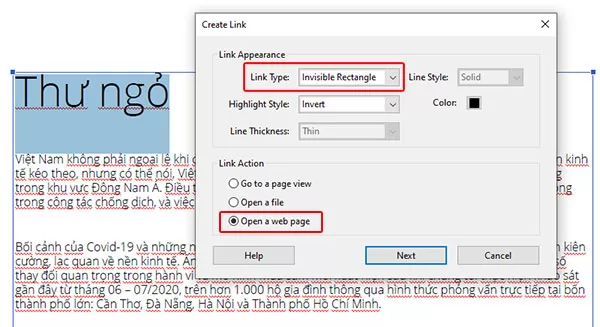 Chọn Invisible Rectangle và Open a new web page rồi nhấn Next