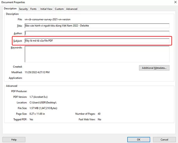 Điền nội dung mô tả cho file PDF trong phần Subject rồi nhấn OK