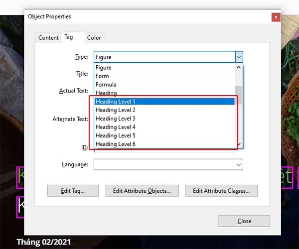 Lựa chọn thẻ heading có level phù hợp rồi nhấn nút Close để đóng chức năng