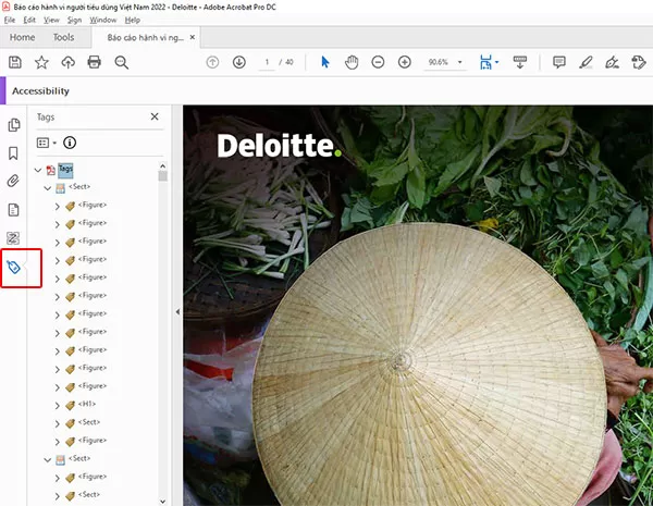 Chọn mục Tags trong panel bên tay trái để bắt đầu thêm thẻ Heading cho văn bản trong file PDF với Adobe Acrobat Pro DC