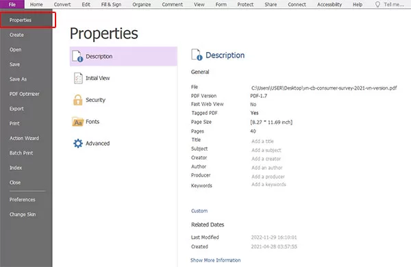 Chọn File > Properties để bắt đầu thêm tiêu đề cho file PDF