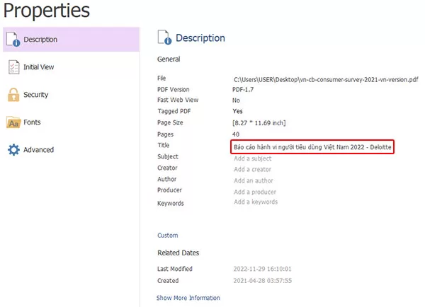 Điền nội dung tiêu đề của file PDF trong phần Title