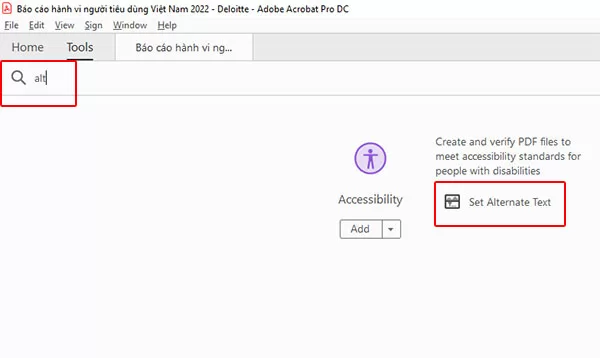 Tìm kiếm và chọn chức năng Set Alternate Text