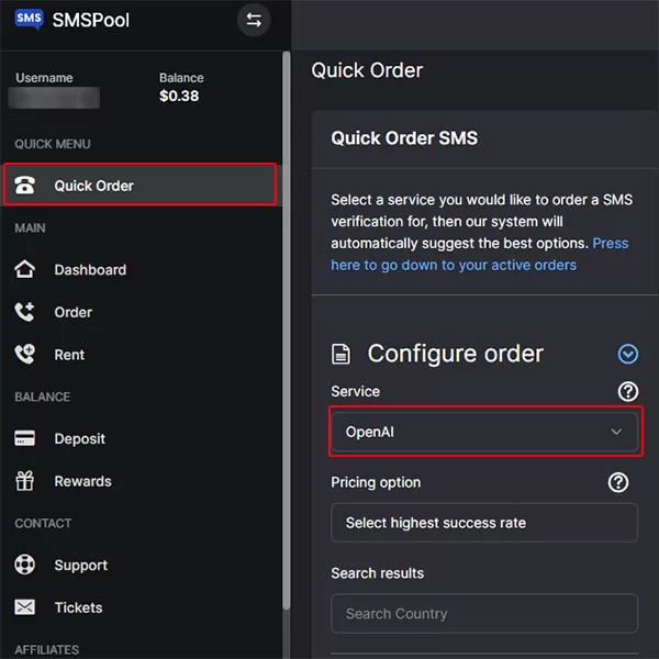 Chọn Quick order > OpenAI trong Service > Select highest success rate trong Pricing option