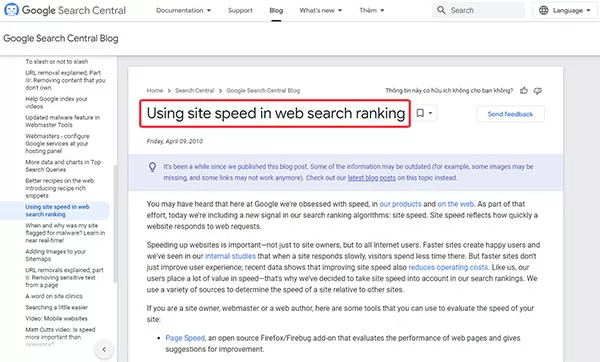 Tốc độ trang được Google sử dụng trong xếp hạng tìm kiếm trang web