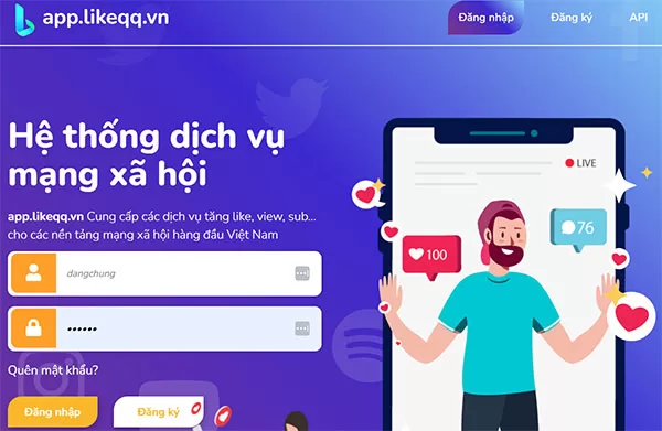 Đăng nhập vào Likeqq bằng tài khoản vừa tạo