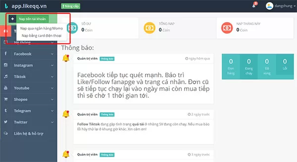 Nạp tiền vào tài khoản Likeqq