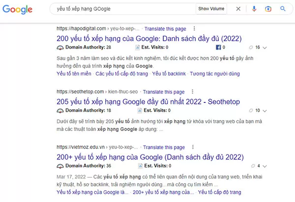 Danh sách các trang web nói về yếu tố xếp hạng Google bằng tiếng Việt