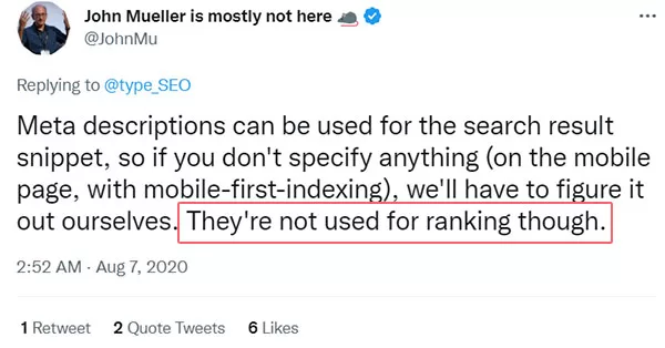 Tweet của John Muller năm 2020 trên Twitter khẳng định Meta Description không phải là yếu tố xếp hạng