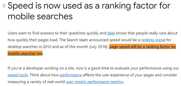 Page Speed là một trong những yếu tố xếp hạng cho Google Search trên mobile từ năm 2018