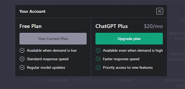 Gói dịch vụ ChatGPT Plus có mức giá 20 USD/tháng tại thị trường Việt Nam