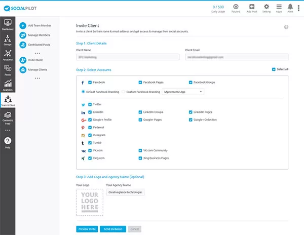 Giao diện của chức năng Team & Client trên SocialPilot