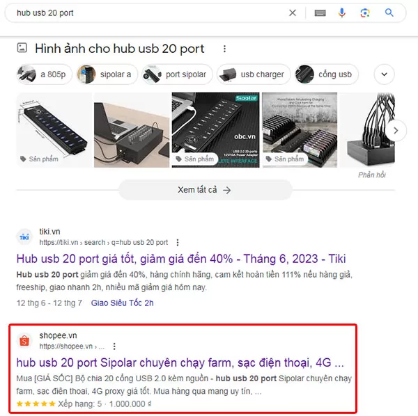 Shopee đang nằm trong Top 3 Google với từ khóa "Hub USB 20 port"