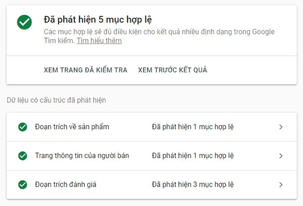 Kết quả kiểm tra Product Schema Markup trên Google