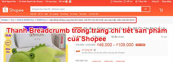 Vị trí hiển thị thanh breadcrumb trong trang chi tiết sản phẩm của Shopee