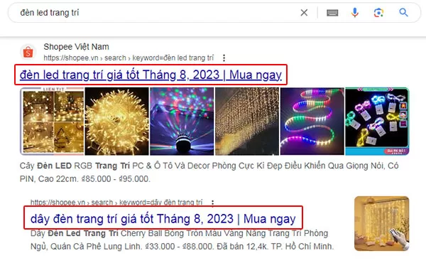 Cách đặt tiêu đề trên hai trang tìm kiếm khác của Shopee