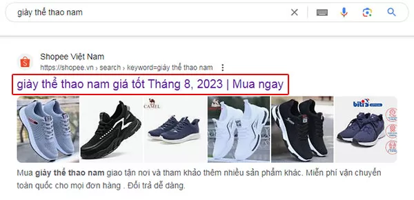 Tiêu đề trang tìm kiếm "giày thể thao nam" trên Shopee