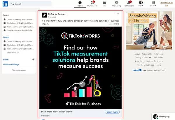 Quảng cáo dạng bài đăng của Tiktok trên Linkedin
