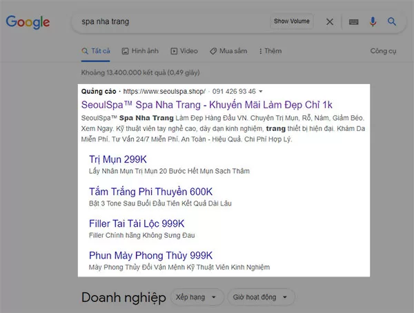 Quảng cáo Google Ads cho một spa thẩm mỹ tại Nha Trang khi tìm với từ khóa "spa nha trang"