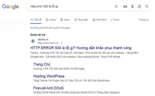 Quảng cáo Google Ads hướng dẫn tìm hiểu cách khắc phục lỗi HTTP Error 500 của một nhà cung cấp hosting tại Việt Nam 