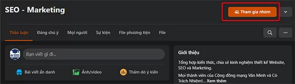Một group Facebook về chủ đề SEO Marketing cho phép các fanpage đăng ký làm thành viên