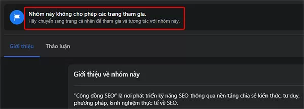 Thông báo group Facebook không cho phép các trang fanpage đăng ký làm thành viên