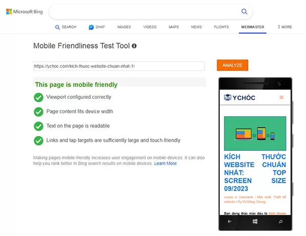Bing Mobile Friendliness - Công cụ kiểm tra tính tương thích của website trên thiết bị di động miễn phí