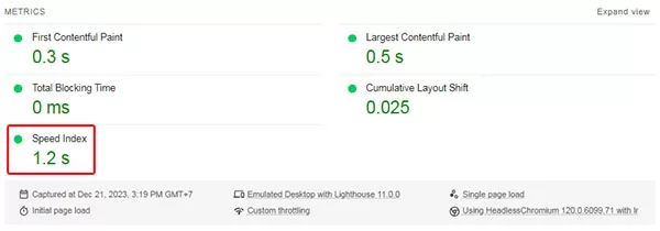Trang web của tôi có chỉ số Speed Index dưới 3.4 giây nên được đánh dấu bằng màu xanh lá, ám chỉ tốc độ tải trang đang ở mức tốt