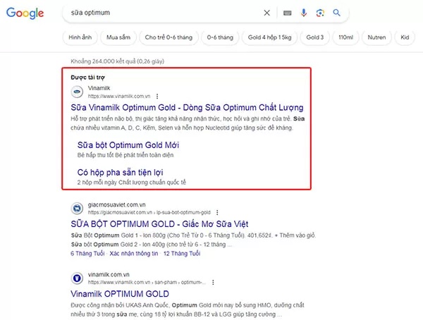 Quảng cáo sữa Optimum của Vinamilk trên Google