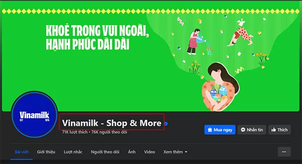 Fanpage "Giấc mơ Sữa Việt - Vinamilk eShop" trên Facebook bị đổi tên thành "Vinamilk - Shop & More" (Ảnh chụp màn hình ngày 3/7/2024)
