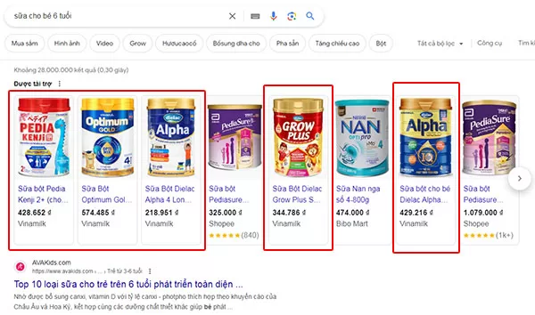 Mẫu quảng cáo của Vinamilk trên Google Search đối với từ khóa "sữa cho bé 6 tuổi" (Ảnh chụp màn hình ngày 14/03/2024)