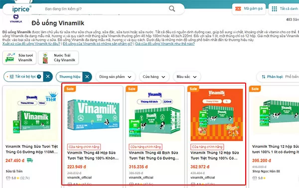 Website Iprice cũng đang chia sẻ link Shopee Affiliate của gian hàng chính hãng Vinamilk (Ảnh chụp màn hình ngày 15/03/2024)