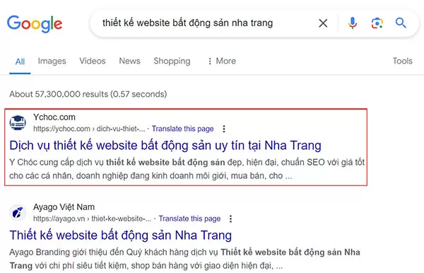 Y Chóc đang chiếm Top #1 Google Search đối với từ khóa "thiết kế website bất động sản Nha Trang"