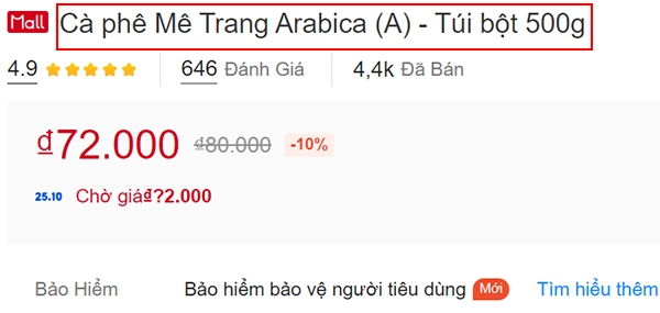 Ví dụ về một sản phẩm cà phê trên Shopee chưa được đặt tên chuẩn SEO