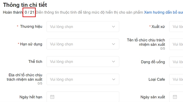 Số lượng các trường thông tin trong phần Thông tin chi tiết có thể thay đổi theo từng danh mục sản phẩm