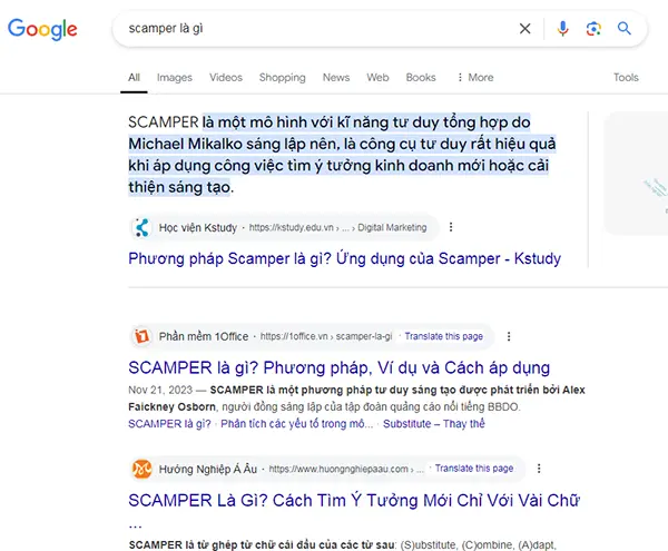 Kết quả tìm kiếm cho từ khóa "Scamper là gì" trên Google