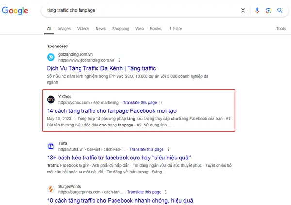 Kết quả tìm kiếm trên Google Search với từ khóa "tăng traffic cho fanpage"