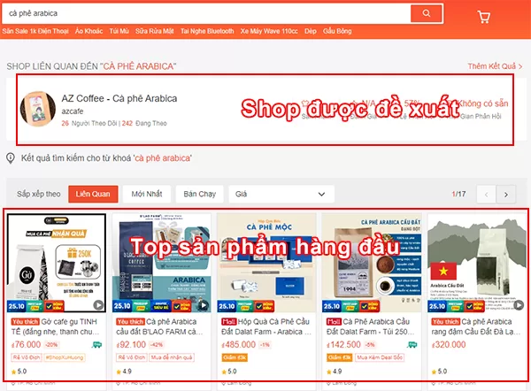 Gian hàng và các sản phẩm hàng đầu được Shopee đề xuất khi khách hàng tìm kiếm với từ khóa "cà phê Arabica"
