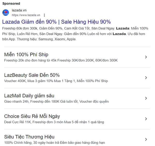 Mẫu quảng cáo của Lazada trên Google Search (Nguồn: Ảnh chụp màn hình từ Google Search ngày 21/10/2024)