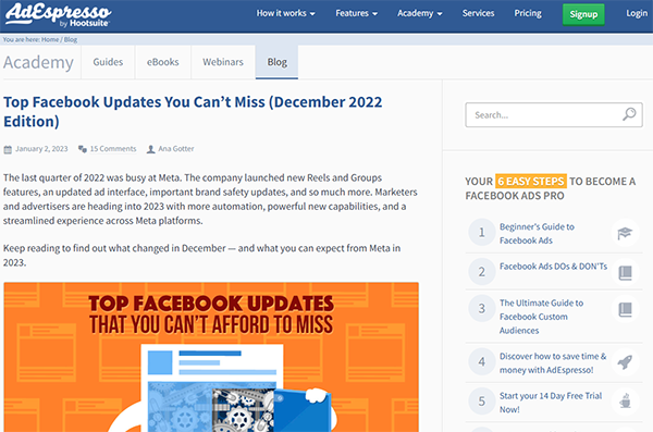Blog Facebook Marketing của AdEspresso