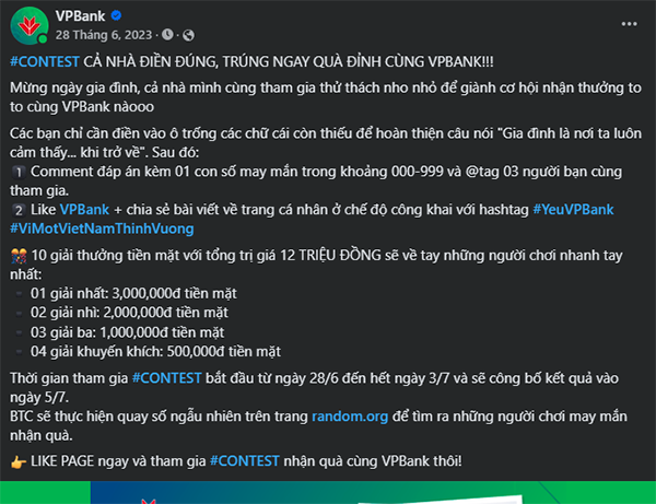 Cuộc thi trên Facebook do VPBank tổ chức năm 2023