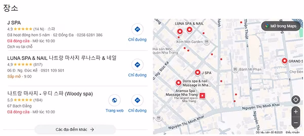 Kết quả tìm kiếm địa phương với từ khóa "나트랑의 스파" (nghĩa là "spa tại Nha Trang")
