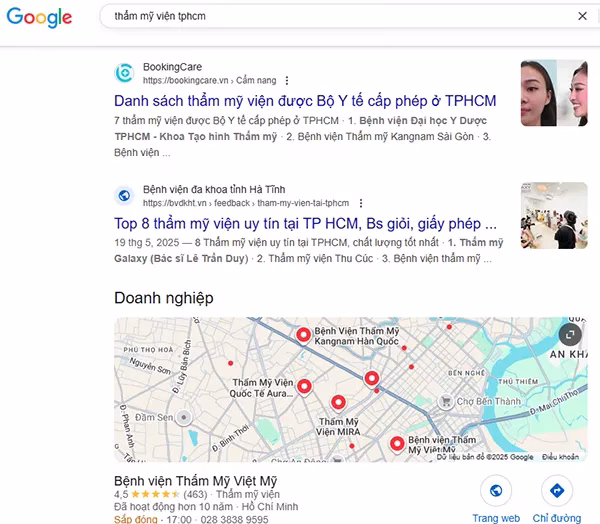 Ví dụ một số website được xếp hạng Top Google Search với từ khóa địa phương "Thẩm mỹ viện TPHCM"