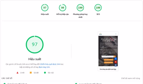 Website sản xuất quà tặng cá nhân hóa do Skillamy thiết kế có điểm hiệu suất Pagespeed Insight đạt 97 trên 100 điểm